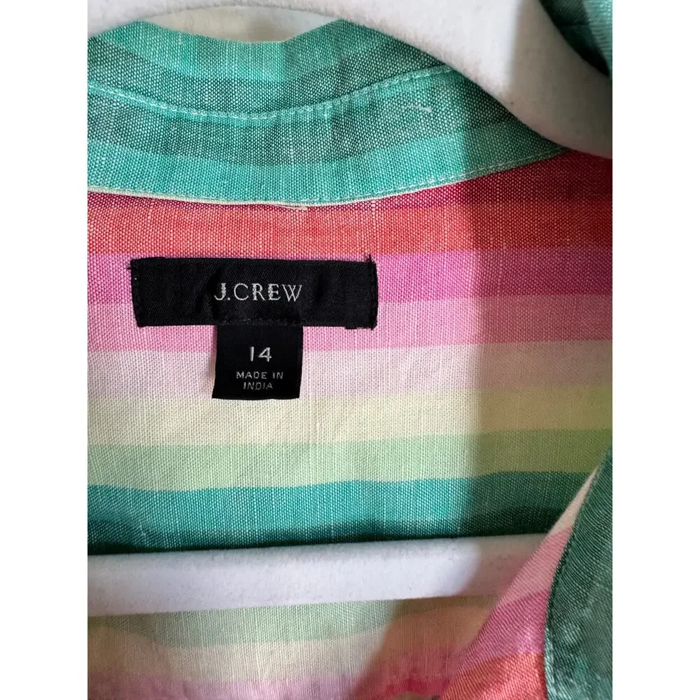 J. Crew Linen Blend Women’s Button Up Long Sleeve Colorful Stripes Size 14‎